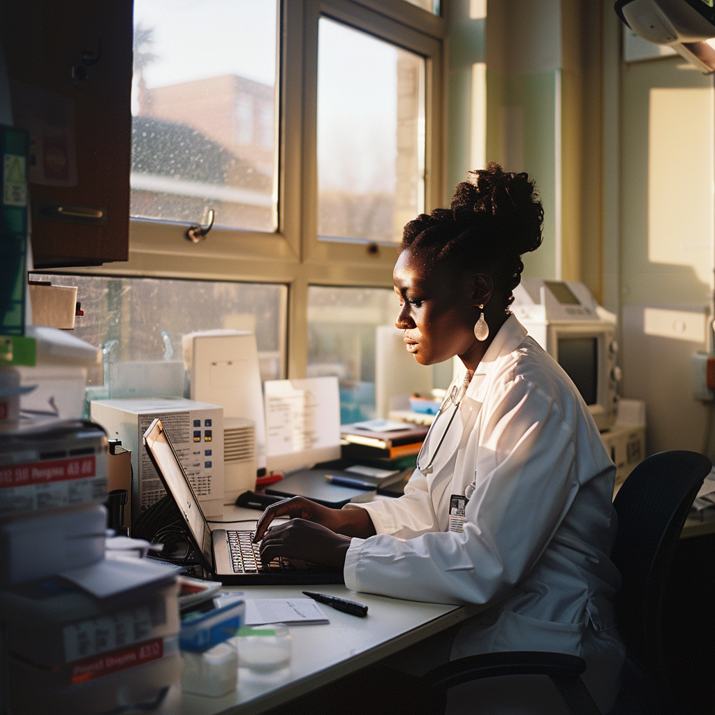 A female doctor is typing her submission for the Toxnet Award